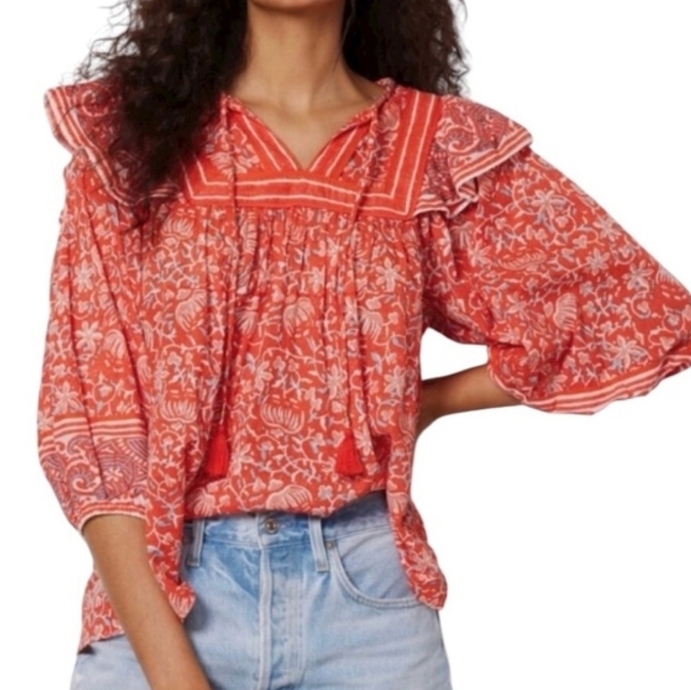 Cleobella Mylah Blouse Medium Red Fan Block Print… - image 2